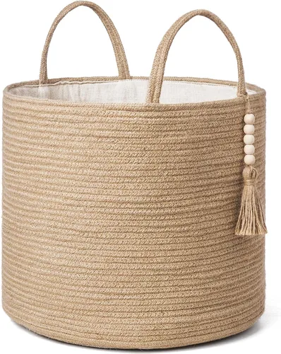 Vista 16 de Mkono - Canasta de almacenamiento tejida, canasta decorativa de cuerda natural con cuentas de madera para mantas, juguetes, ropa, zapatos y plantas