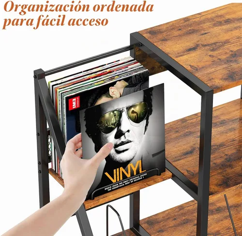 Vista 5 de HavenlyYouth Soporte para tocadiscos, mesa de tocadiscos con tomas de corriente y luz LED, capacidad para hasta 300 álbumes, soporte