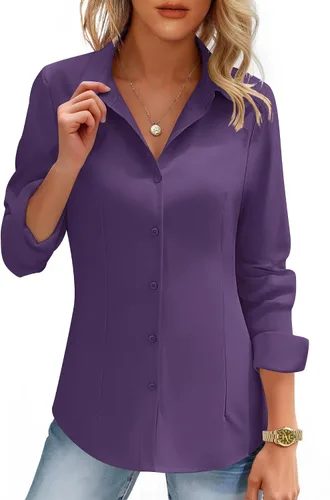 Vista 16 de HOTOUCH Camisas de mujer con botones de manga larga, camisa de vestir ajustada, blusas de trabajo, cuello, elegantes, casuales, de negocios