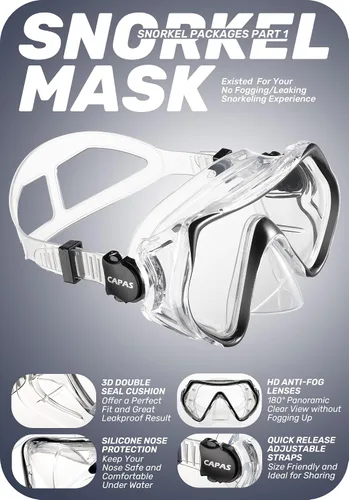 Vista 3 de CAPAS Snorkel Mask Fins Set, Travel Size Snorkeling Gear for Adults with Adjustable Fins, Diving Mask and Dry Top Snorkel, Come with a Carrying Bag