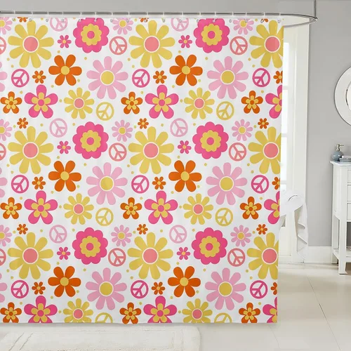 Vista 24 de Cortina de baño de flores de margarita para niños y niñas, cortina de ducha floral para decoración de baño, 72 x 72 pulgadas, retro, floral