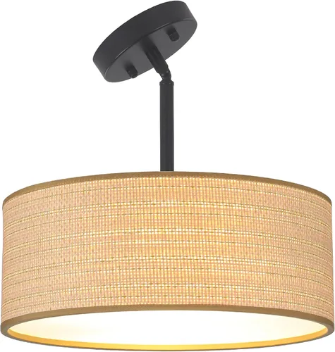 Vista 8 de Rattan Sloped Ceiling Light, 16.53" Woven Semi Flush Mount Boho Fabric Drum Shade, Pendant Lighting, for Dining Room, Foyer, Living Room, Hallway