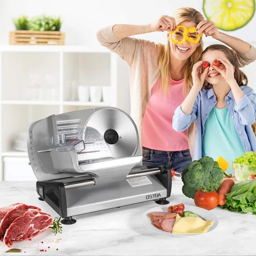 Vista 7 de Cortador de carne eléctrico de delicatessen Ostba, rebanador de alimentos de 200W con grosor ajustable de 0-15mm, hoja extraíble de acero inoxidable