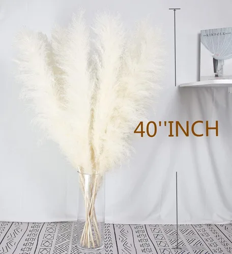 Vista 2 de 10 tallos de hierba de las pampas blanca de 40 pulgadas, decoración alta, hierba de las pampas grande, ramo de decoración del hogar bohemio neutro.