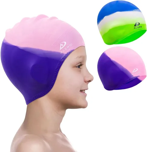 Vista 10 de 2 Pack Kids Swim Caps for Boys Girls, Durable Silicone Swimming Cap with 3D Ear Pockets for Age 3-15 Toddler Child Youth Teen, Unisex Swim Bath Hats