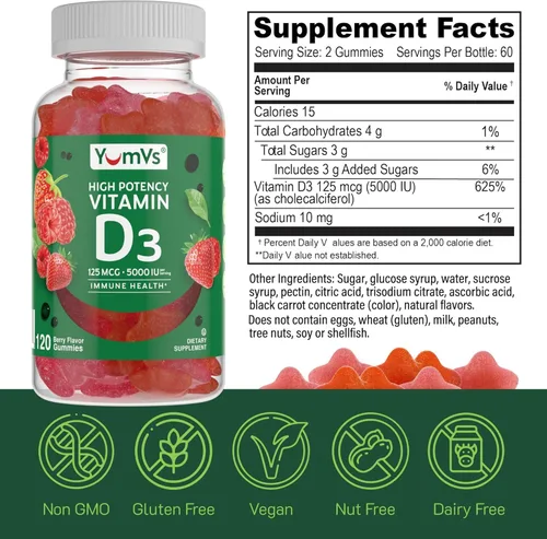 Vista 2 de YUM-V'S Gomitas de vitamina D3 de 5000 UI 125mcg D3 - Apoya el apoyo inmunológico, fuerte salud ósea, sin OMG, sin gluten, sin lácteos, gomitas
