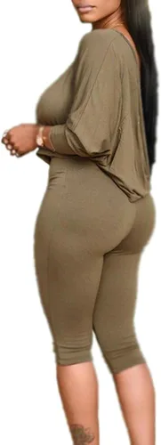 Vista 2 de FYEARFOX Conjunto de dos piezas para mujer, con un hombro descubierto, manga larga, sin botones, con cordón, pantalones capri