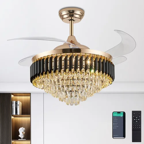 Vista 13 de Ventilador de techo regulable de cristal de 36 pulgadas con luces y control remoto, moderno ventilador de techo retráctil con luces para dormitorio