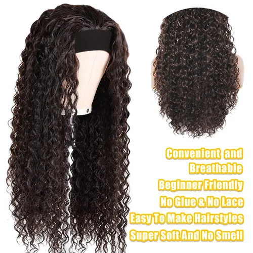 Vista 16 de Peluca de cabello humano con diadema de ondas profundas, sin pegamento, pelucas de cabello rizado sin encaje frontal, pelucas de cabello humano
