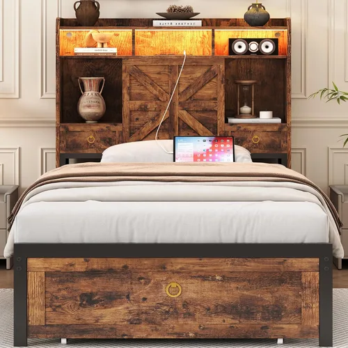 Vista 13 de TIGUBFRE - Base de cama individual con cabecera de almacenamiento, base de cama de madera estilo granja tamaño individual con 3 cajones, luz LED