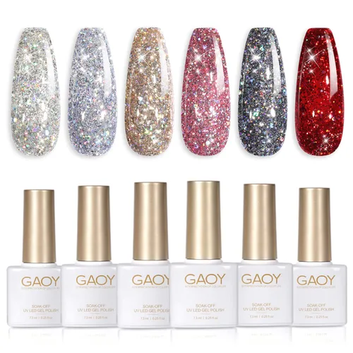 Vista 9 de GAOY Juego de Esmalte de Uñas con Purpurina Cromado Platino, 6 Colores Incluyendo Esmalte en Gel Brillante Resplandeciente UV LED Removible Negro
