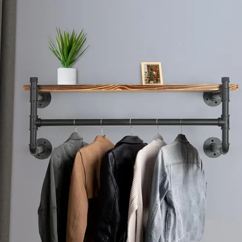 Vista 4 de WEBI Perchero de pared con estante, perchero industrial de 24 pulgadas con estantes, barra de ropa de hierro resistente, barra de ropa de exhibición