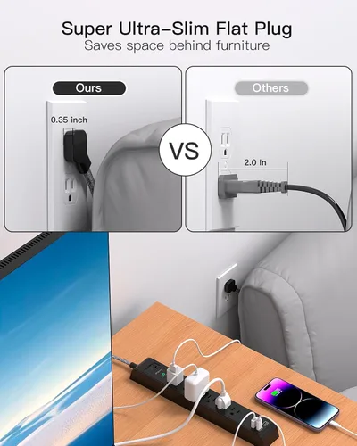 Vista 3 de Paquete de 2 cables de extensión de 10 pies con múltiples tomas, regleta protectora de sobretensiones con 6 tomas, 4 puertos USB, enchufe plano