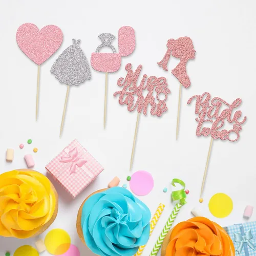 Vista 3 de 24 adornos para cupcakes con purpurina para novia, vestido de novia, cupcake picks Heart Miss to Mrs Cake Decor para despedidas de soltera, bodas