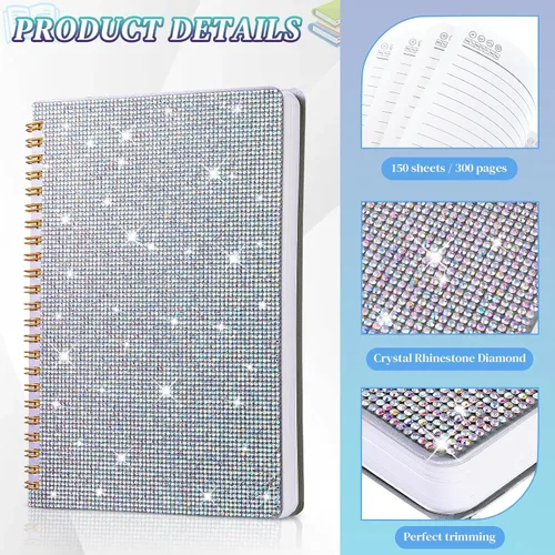 Vista 3 de Jetec 2 cuadernos con diamantes de imitación en espiral y juegos de bolígrafos de cristal y diario, cuaderno de viaje con diamantes para mujeres