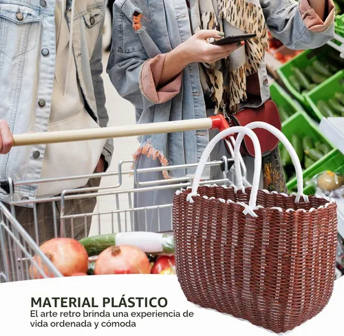 Vista 3 de Cabilock Cesta de plástico para mujer, bolsa de playa para mujer, 1 unidad, organizador de tejido, bolsa de compras, compras para comestibles Kahki