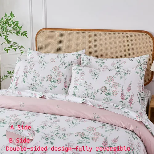 Vista 4 de Helthep Funda de edredón floral tamaño Twin, 100% algodón, con estampado de flores rosas, funda de edredón vintage botánica con hojas verdes, funda