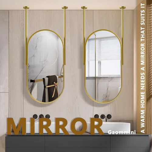 Vista 3 de Espejo de barra colgante de techo, espejos decorativos ovalados para pared, baño, tocador, maquillaje, espejo flotante con marco de metal dorado