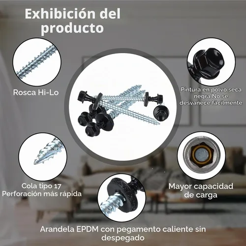 Vista 2 de Tornillos para techos de metal de 10 x 1 pulgada, tornillo para techo de chapa metálica con cabeza hexagonal negra y arandela EPDM para techos Negro