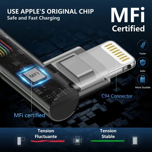 Vista 2 de Cargador de iPhone de 90 grados de 6 pies, [certificado Apple MFi], paquete de 3 cables de carga rápida, cable Lightning USB trenzado de nailon