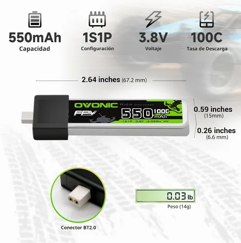 Vista 2 de OVONIC Batería LiPo 1S 550mAh 100C HV 3.8V con conector BT2.0 para FPV Tiny Whoop (4 piezas)