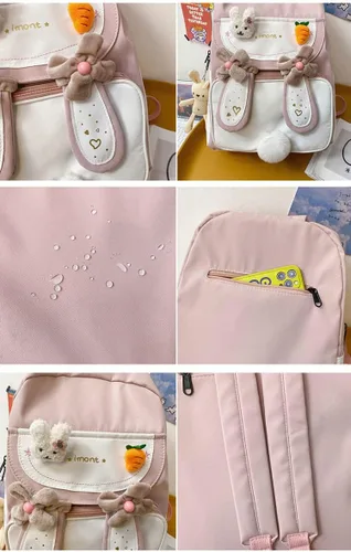Vista 4 de Mochila kawaii con orejas de conejo con felpa de conejo linda mochila japonesa para la escuela adolescentes y niñas suministros escolares kawaii