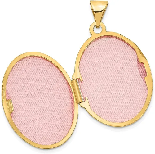 Vista 4 de Collar de cadena con dije ovalado de oro amarillo de 14 quilates con diseño de pergamino de foto que sostiene fotos, joyería fina para mujeres