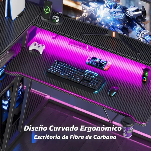 Vista 8 de Korfile Escritorio para juegos de 40 pulgadas con toma de corriente y luces LED, mesa de juegos para computadora en forma de L con estantes