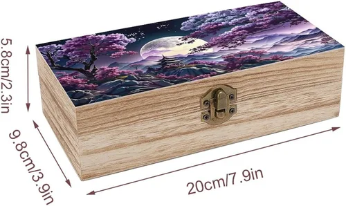 Vista 2 de Cherry Blossom Moon Wooden Storage Box with Hinged Lock,Decorative Handmade Keepsake Jewelry Chest, Elegant Retro Decor Boxes, Compact Organizer Box