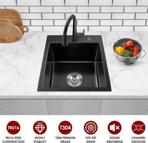 Vista 4 de Fregadero de cocina de 17 x 15 pulgadas con caída en la parte superior, fregadero de barra de acero inoxidable calibre 16, estación de trabajo de un