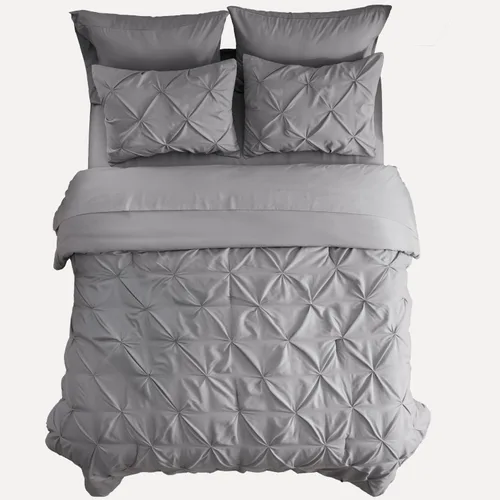 Vista 8 de Bedsure - Juego de edredón tamaño individual gris - Ropa de cama tamaño individual en una bolsa de 5 piezas, juego de cama Pintuck GentleSoft™