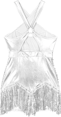 Vista 6 de iiniim Leotardo de jazz con lentejuelas para mujer, con flecos, borla para baile latino, ropa de baile