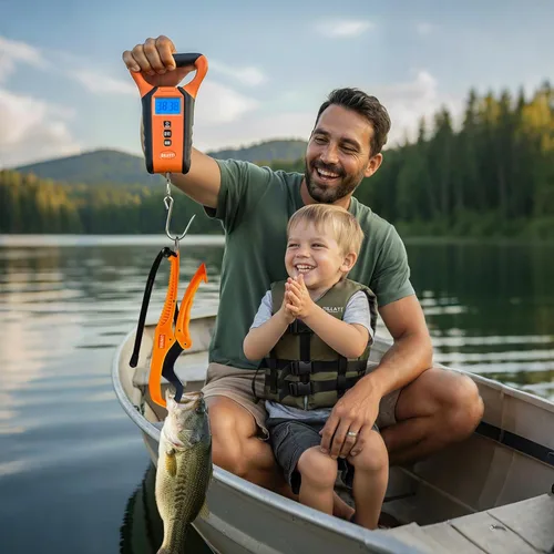 Vista 7 de Báscula de pescado digital impermeable flotante con estuche de transporte, báscula de pesaje de pesca con pinza de labio, pantalla LCD