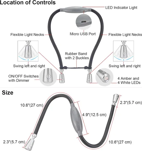 Vista 7 de Luz LED de lectura para el cuello, recargable 8 LED 2 modos, cabeza oscilante de brazos flexibles, luz ámbar ajustable de brillo para leer, acampar