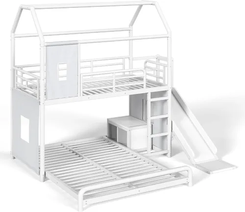 Vista 6 de RUNNA Playhouse Twin Over Full Bunk Bed with Slide and LED，Antique White-M