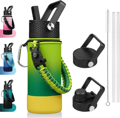 Vista 18 de BJPKPK - Botella de agua con tapa de popote, botellas de agua aisladas de 18 onzas con 3 tapas, asa de cuerda de paracaídas y base antideslizante