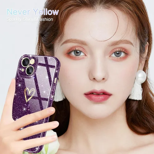 Vista 7 de Funda para iPhone 15, purpurina transparente con [1 protector de pantalla de vidrio templado] Funda protectora delgada y suave de silicona