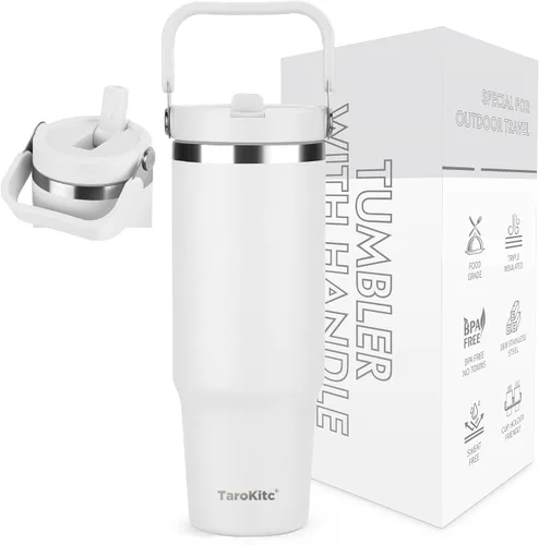 Vista 13 de TaroKitc Vaso de 30 onzas con asa y popote abatible, botella de agua aislada al vacío de triple pared, taza de viaje reutilizable a prueba de fugas