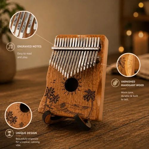 Vista 4 de Orora Kalimba 17 Keys Thumb Piano - Songbook included with 25 Songs - Varnished Wood Musical Instrument - Finger Piano with Protection Case, Stand