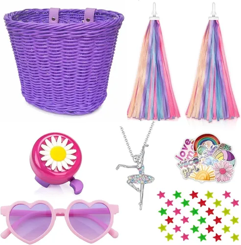 Vista 9 de Cesta de bicicleta para manillar para niñas con collar de unicornio, campana, serpentinas, cuentas de rueda, lentes de sol, calcomanías, juego