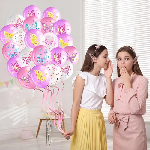 Vista 7 de Libima 45 globos de látex de mariposa para decoración de cumpleaños, globos de látex de hadas rosas y moradas, decoraciones para niñas, princesas