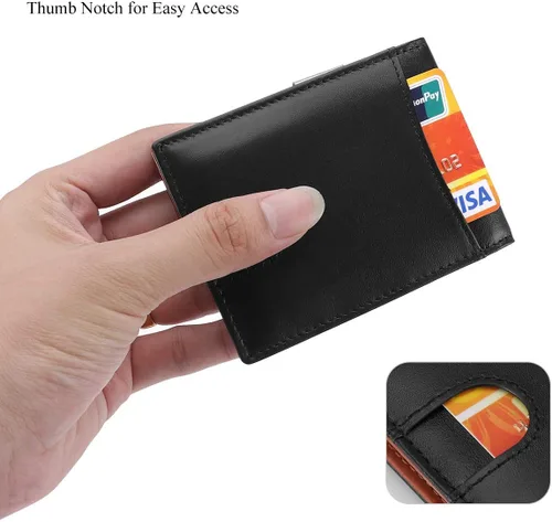 Vista 4 de HAWEE Cartera delgada de cuero extraíble con bloqueo RFID de cuero genuino, Negro sin cremallera, Minimalista