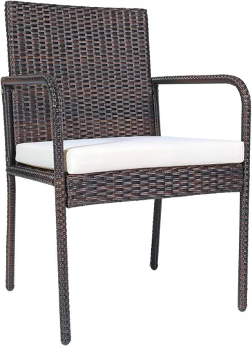 Vista 9 de Juego de 4 sillas de mimbre para patio al aire libre, con marco de acero resistente y cojines suaves, juego de comedor al aire libre resistente a