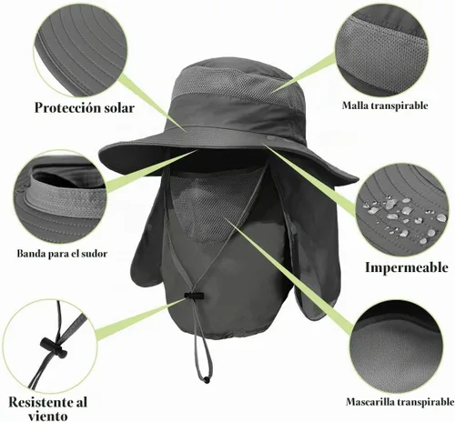 Vista 4 de Sombrero de pesca de ala ancha para hombre, 2 piezas, protección solar UPF 50+, extraíble, solapa para cara y cuello Gris oscuro y caqui