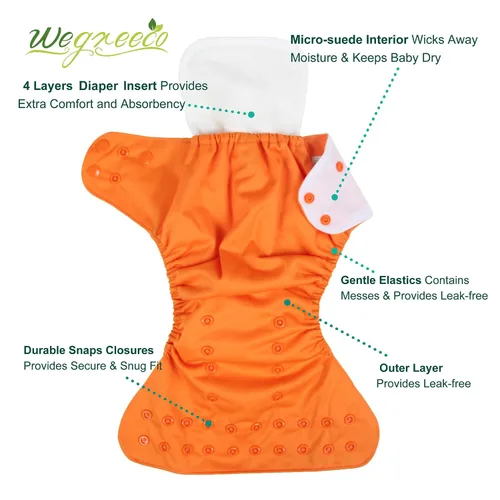 Vista 2 de wegreeco Pañales de tela, paquete de 6 con 6 insertos y 1 bolsa húmeda, pañales de tela lavables para bebés, talla única ajustable reutilizable