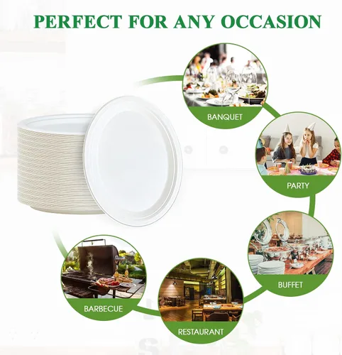 Vista 6 de Vplus Platos de papel ovalados 100% compostables de 10 pulgadas, paquete de 125 platos de papel desechables súper fuertes, bagazo, natural