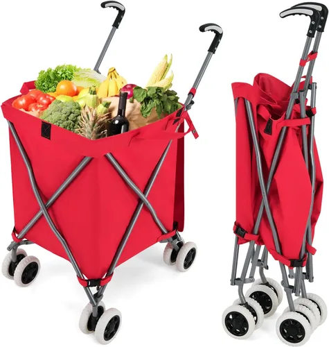 Vista 10 de GOFLAME Carrito de compras plegable con ruedas, carrito de comestibles impermeable con cubierta extraíble y ruedas giratorias de 360°, carrito Rosa