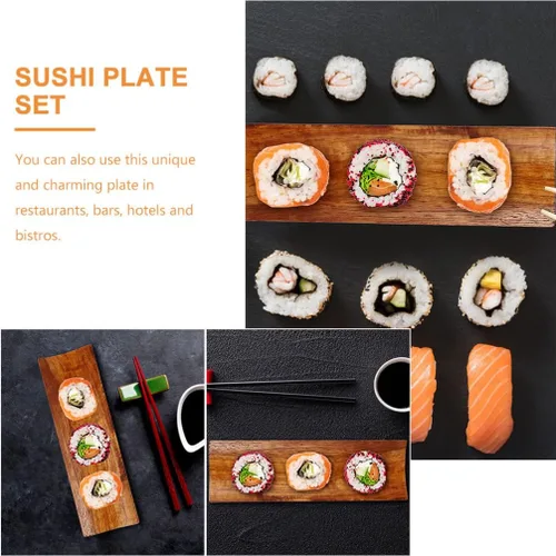 Vista 2 de BESTonZON Plato de sushi japonés de madera: 2 piezas de sashimi de bambú para servir Geta, placa de sushi, plato de postre de frutas, bandeja