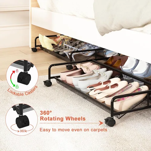 Vista 6 de Organizador de almacenamiento de zapatos debajo de la cama, contenedores de almacenamiento de malla metálica debajo de la cama con ruedas