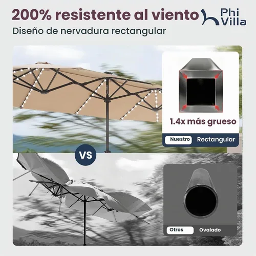 Vista 3 de PHI VILLA - Sombrilla para patio de 13 pies con luces LED de 120 piezas con alimentación solar que cambian de color, sombrilla grande de triple Beige